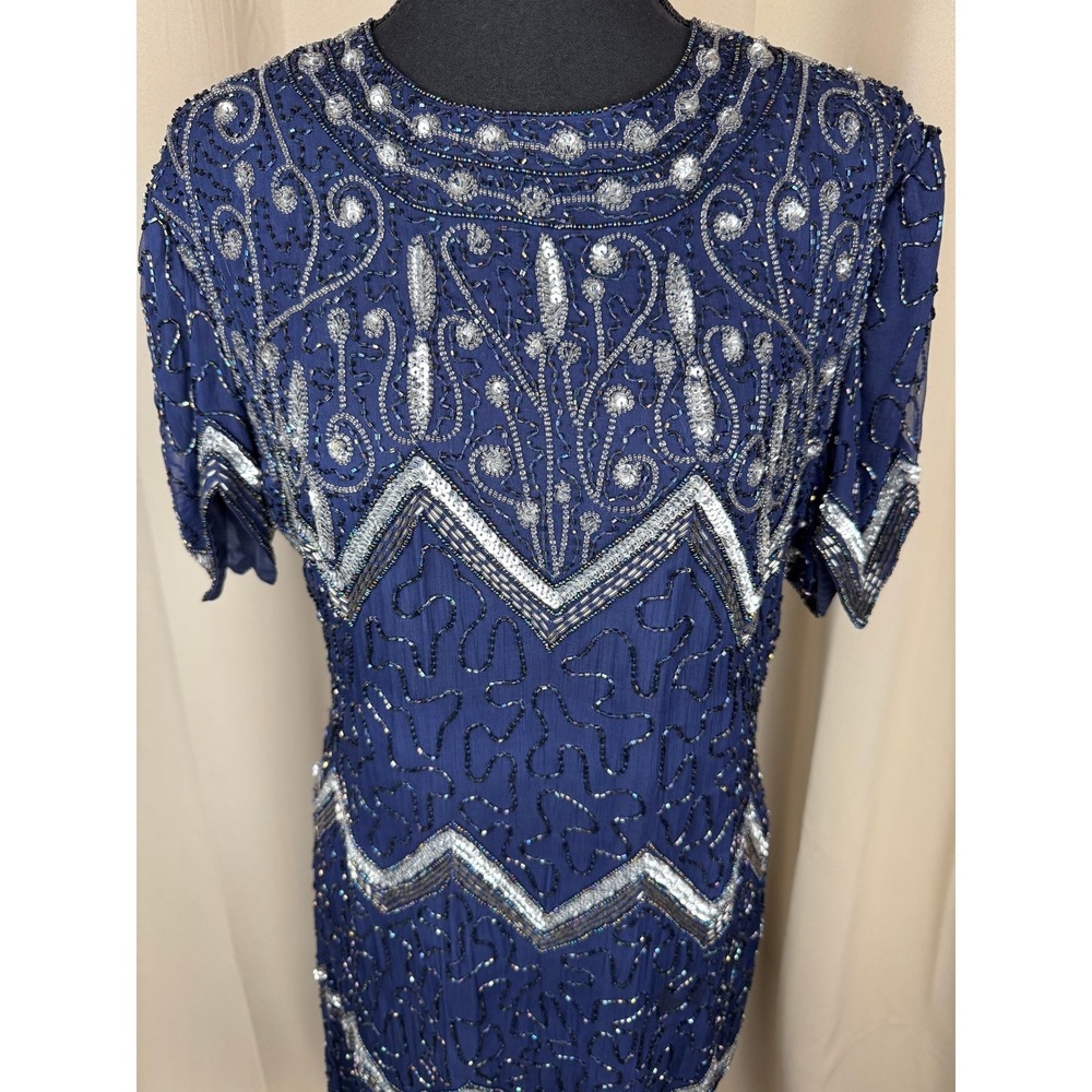 Vintage 80s Laurence Kazar New York Silk Beaded Dress Blue Art Deco Midi PL - Picture 2 of 11